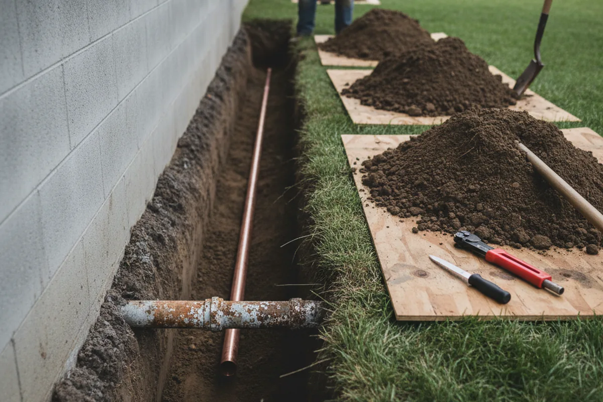 Excavated water line trench during Sewer Line Repair in Shelby